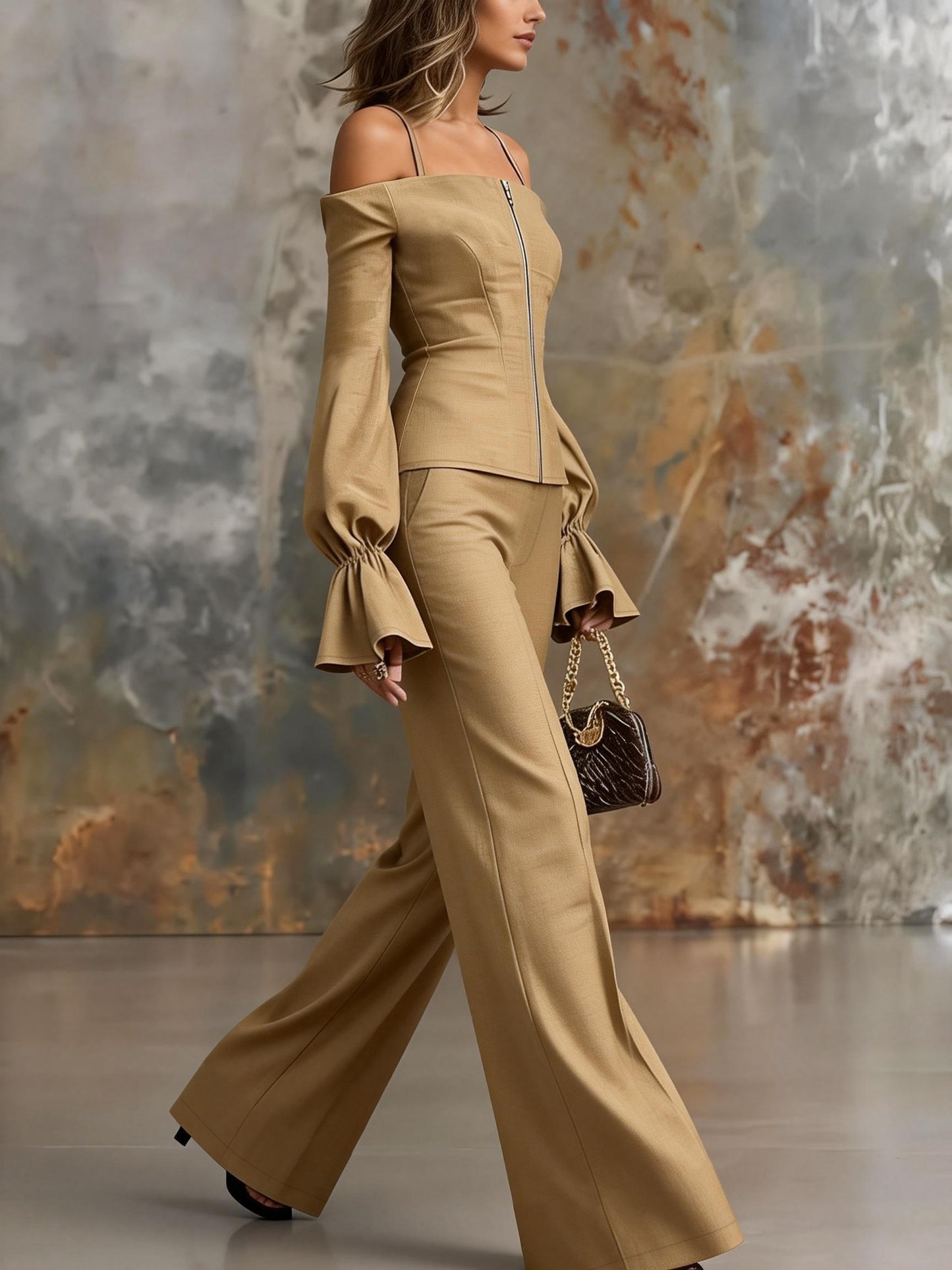 [Women's Khaki Pants Set] Urban Elegance Off-the-Shoulder Tie-Neck Lantern Sleeve Long Sleeve Zipper Front Top and Fashionable Casual Wide-Leg Long Pants Women's Khaki Pants Set