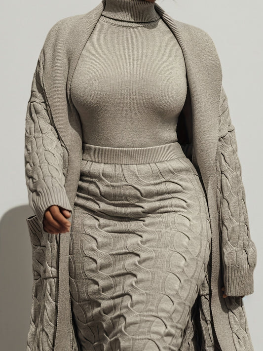 Elegant Solid Cable Dress Set, Long Sleeve Open Front Cardigan, Mid-length Open Front Sweater and High-neck Slim-fit Sweater with High-waisted Pencil Skirt, Women's Clothing