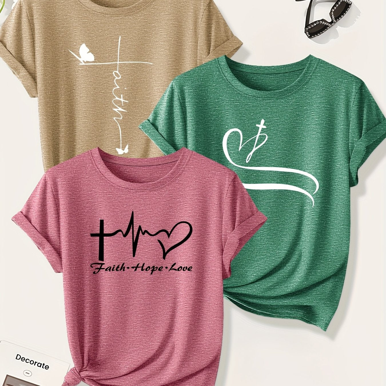 [Christian Cross T-Shirts] A Set of Three Women's Christian Cross Pattern Short-Sleeve T-Shirts Featuring Crosses, Hearts, And Butterfly Prints, Perfect for Casual Summer Wear. Stylish, Elegant, And Versatile, Available in Mu