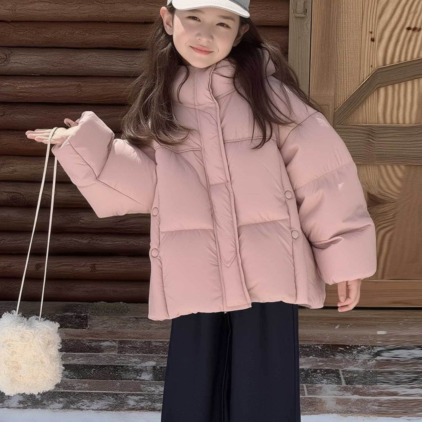 Cute And Versatile Winter Outfit for Young Girls, Featuring a Light Pink Fluffy Jacket with a Hood And a Soft Texture, Plus a Warm And Thick Coat, Perfect for The Autumn And Winter Seasons.