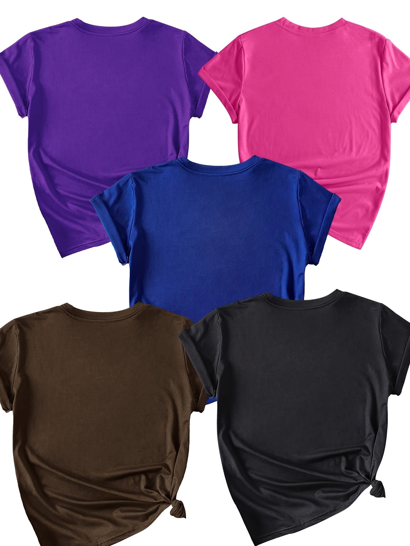 [Casual T-Shirts] 5pcs Women's Casual Crew Neck T-Shirts - Polyester, Short Sleeve | Inspirational Print Tee | Comfortable Fit Tee, All-Season, Round Neck