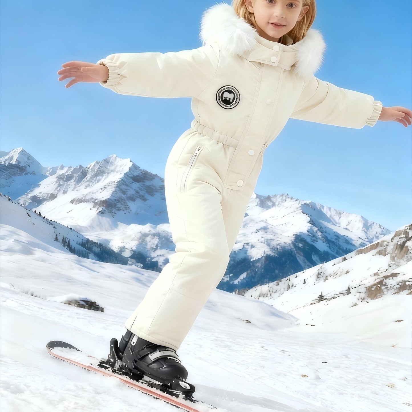 Xuan Yusi Girls' White Ski Suit Jumpsuit - Hooded Winter Ski Outfit with Zipper Closure, Elastic Cuffs & Waist, Non-Stretch Fabric for Skiing, Snowboarding, Skiing Clothes, Adventure Wear, Sporty Design