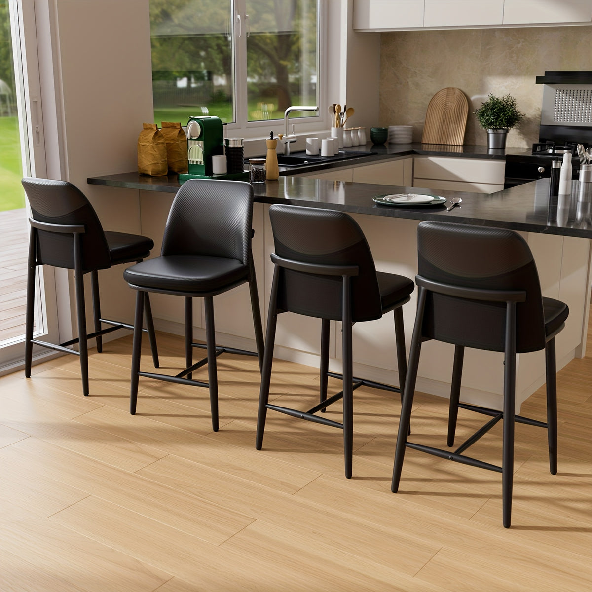 Set of 4 Modern Counter Height Bar Stools with Backrests - 26 Inch Faux Leather & Fabric Upholstered Seats, Sturdy Metal Legs & Cushioned Backs, Contemporary Square Design Kitchen Island & Dining Room Chairs, Easy-Clean Surfa
