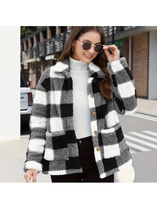 Women'S Plush Winter Coat with Plaid Patch Pockets - Soft Warm Long Sleeve Round Neck Jacket, Black & White Checkered Casual Outerwear for Fall and Winter, Versatile Everyday Outer Layer for Women, Fall Outfit For Women, Wint