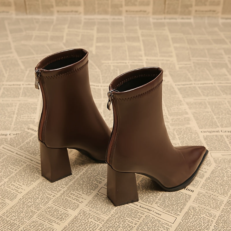 Women'S Elegant Chunky Heel Ankle Boots - Pointed Toe Zipper Closure, Glossy Synthetic Cover Round-to-Pointed Arch Support, Chunky Heel (1-2 Inches) for Fall/Winter, Versatile Dress Boots for Casual & Formal Outfits - Black &