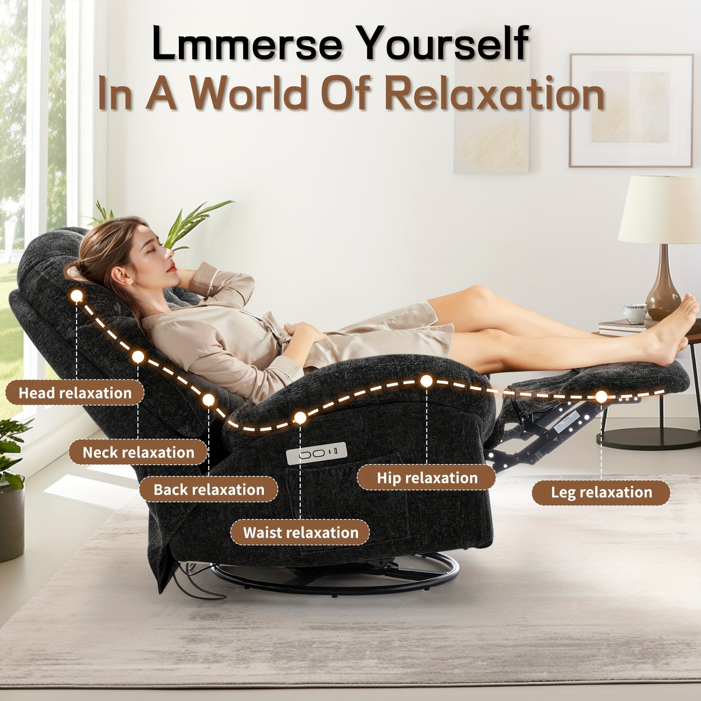 Oversized Swivel Recliner Chair, Adult Electric Recliner with USB Port And Side Pocket Storage, Comfortable Soft Shell Rocking Chair, Large Chenille Recliner Suitable for The Living Room