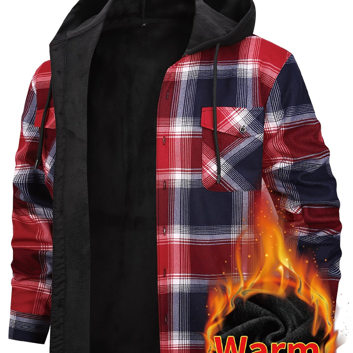 Men's Winter Plush-Themed Hooded Shirt Jacket - Thickened Button-Front Outdoor Coat with Pockets, Loose Fit Casual Blazer (Hand Washable, Fall/Winter) | European/Emerican Sizing for Cold Weather Layering