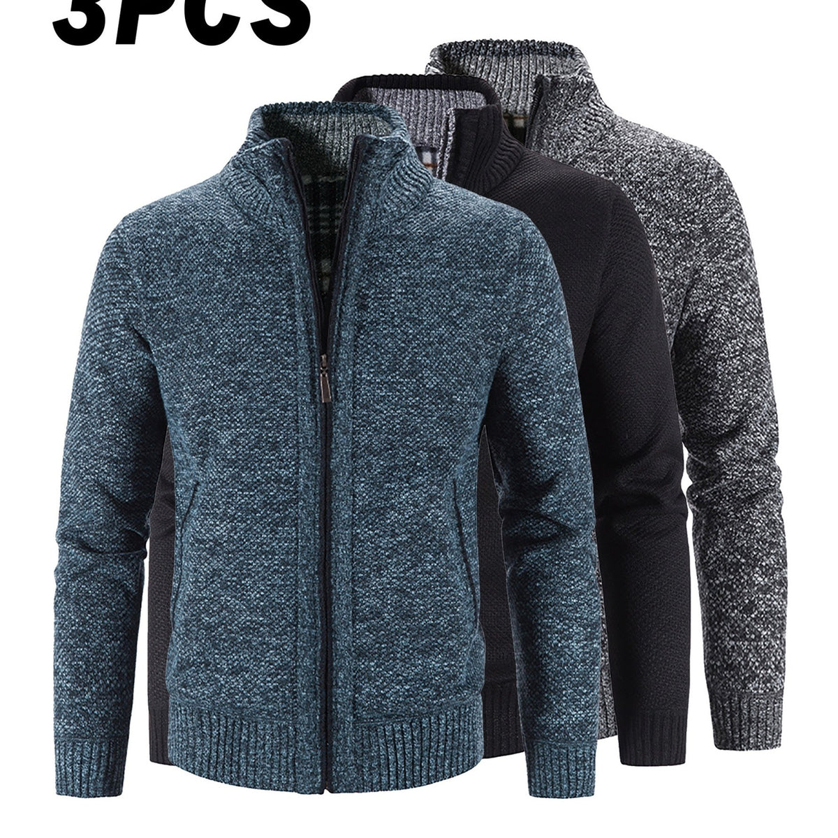 3pcs Set Men'S Fleece-Lined Knit Jacket with Polar Fleece Lining, Golf Collar & Zippered Front - Slim Stand Collar, Warm Winter & Autumn Coat, Casual to Semi-Formal Outerwear in /Dark Grey/Navy - Versatile Layering for Office