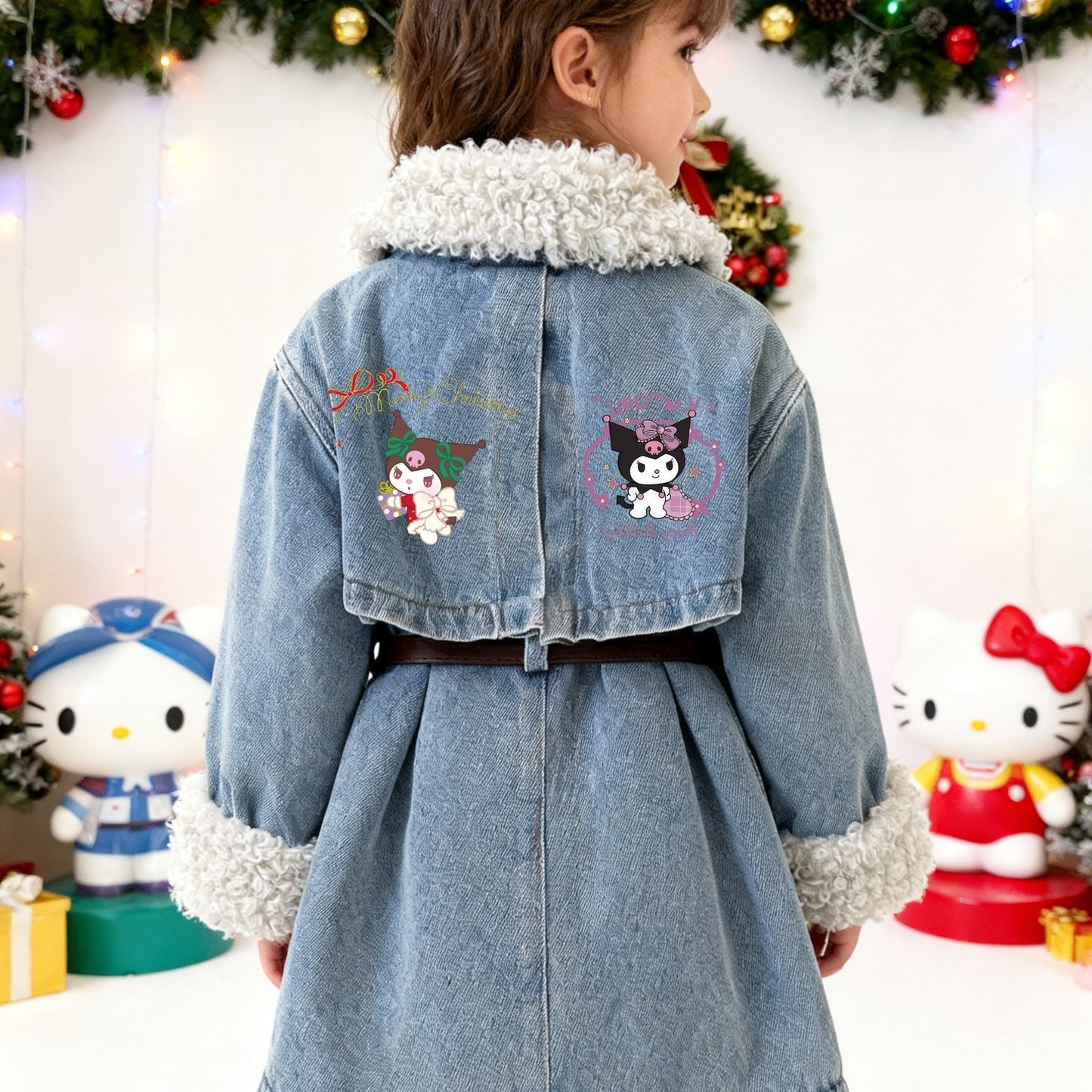 [Sanrio]Exclusive Design, Sanrio Family Print, Mid-long Length Fleece-lined Coat for Girls, Denim Fleece-lined Coat, The Latest Warm Coat for Autumn for and Winter. Comes with for a Belt. for a Gift for Your Daughter. for a M