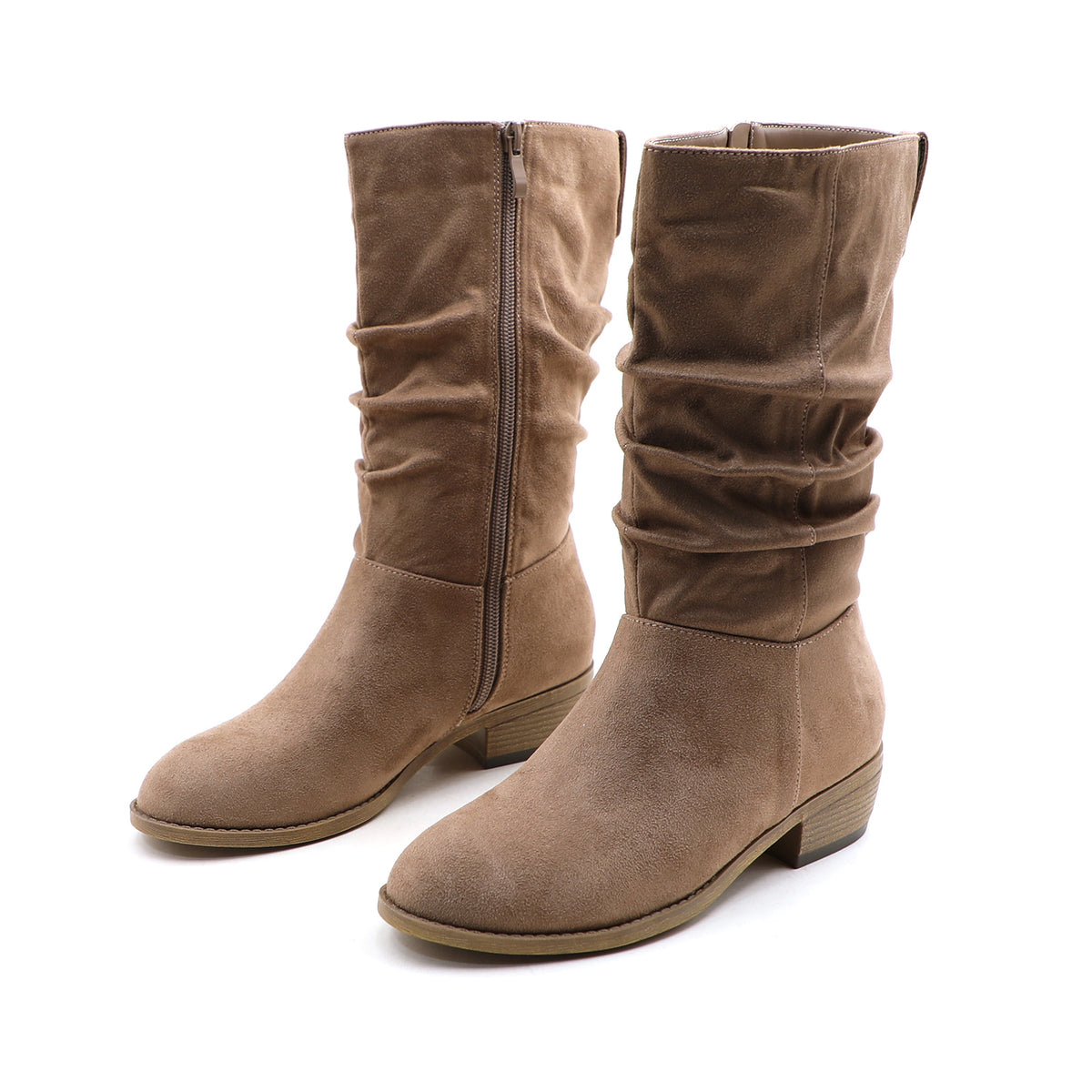 GLAZE Women's Wide Calf Slouchy Knee-High Boots - Chunky Low Heel, Beige/Brown Zipper Closure Winter Boots with Almond Toe & Round Heel, All-Season Round-Toe Trench Boots (Zippered Collar, Fabric Upper)