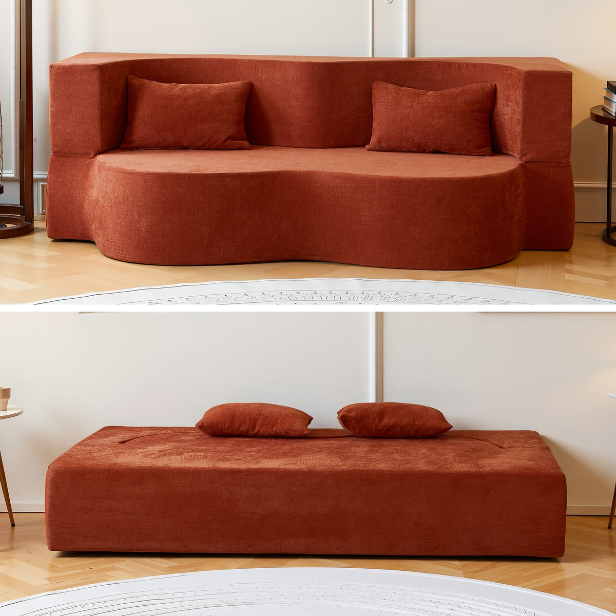 No Assembly Required Convertible Folding Sofa Bed with Memory Foam Cushions & Pillow - Queen Sleeper Sofa, Space-Saving Modern Loveseat Couch for Small Apartments, Living Room, Guest Room - Easy Foldable Design in Orange