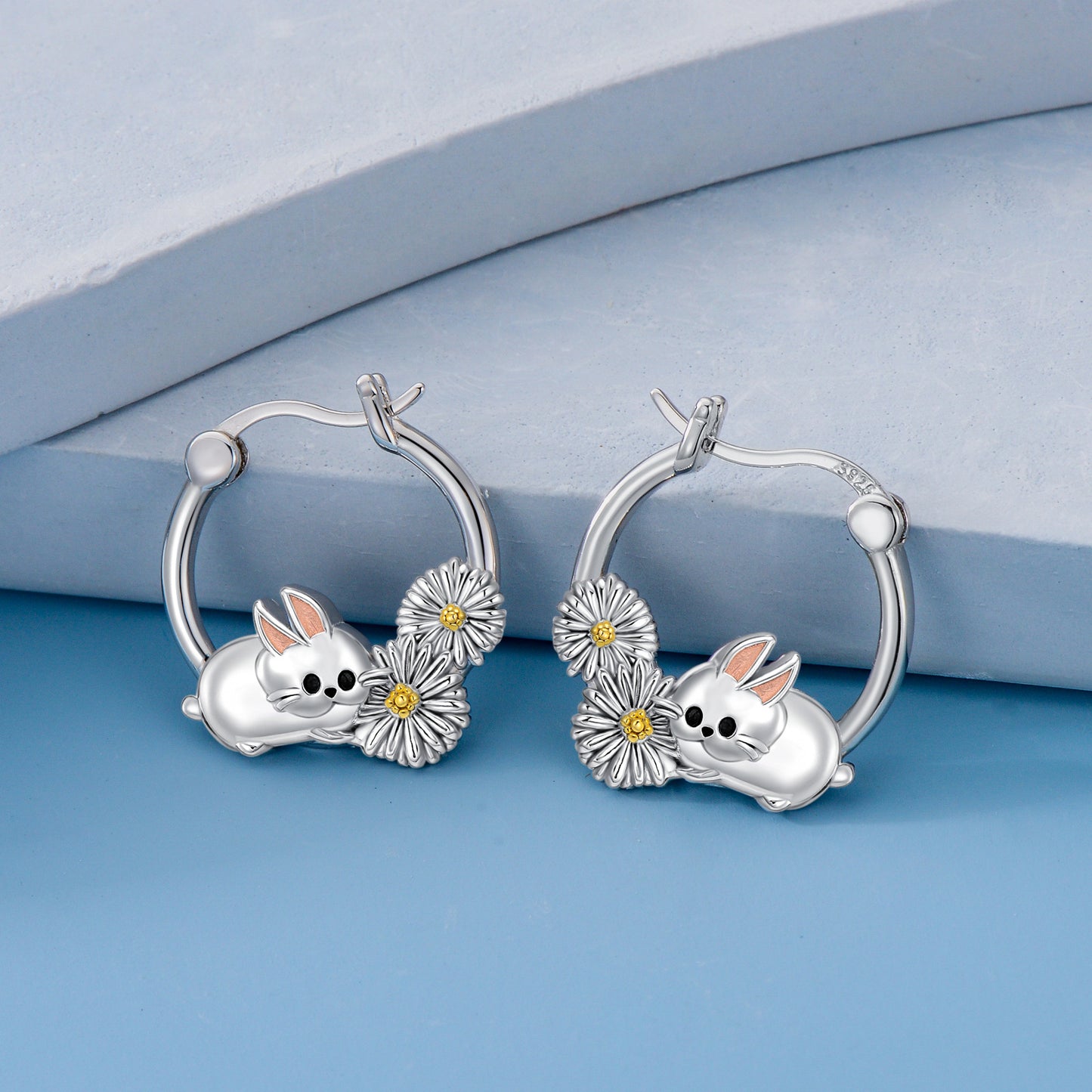 Bunny Hoop Earrings for Women S925 Sterling Silvery Rabbit Earrings with Daisy Flower Cute Animal Jewelry Gifts