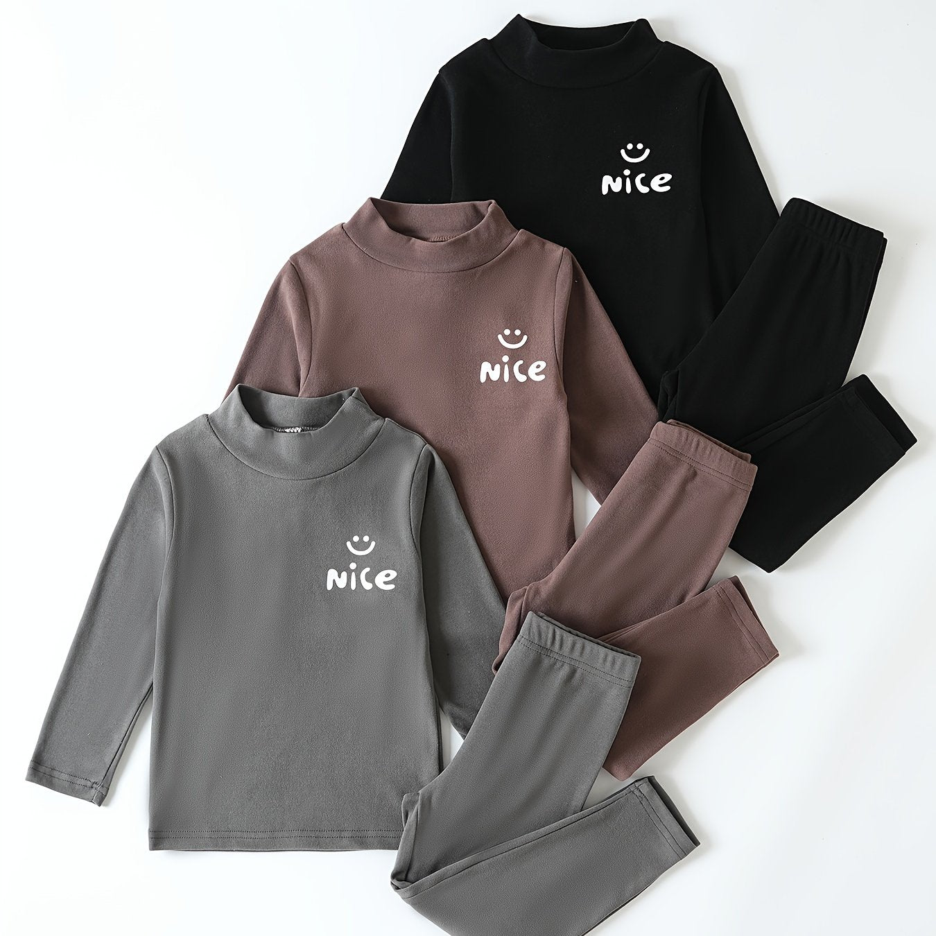 3 Sets of Stylish Thermal Fleece Tops And Long Pants for Boys, Featuring Easy Solid Colors in a Multi-pc Combination