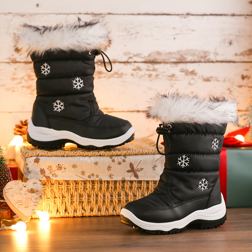 [Winter Snow Boots] Boys & Girls Winter Snow Boots - Warm High Quality Slip-Resistant Cold Weather Kids Boots with PVC Sole, Mid-Calf Zipper Closure & Floral Pattern Upper for Ice, Snow, Slush - Outdoor Winter Footwear for, P