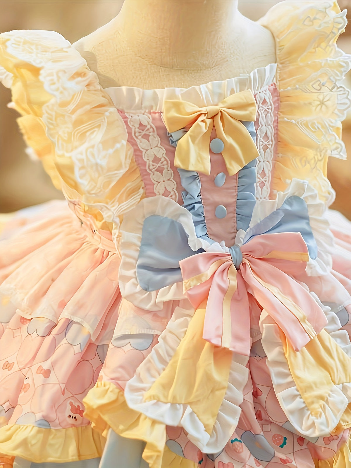 2025 Autumn New Arrival Princess Birthday Party dress - Pastel Pink & Yellow tutu gown, Flared lower half, Non-Stretchy fabric for Birthday, Photoshoots - Victorian-Style Floral Tulle Puffy Dress - Lace Trim Layered Skirt, Al