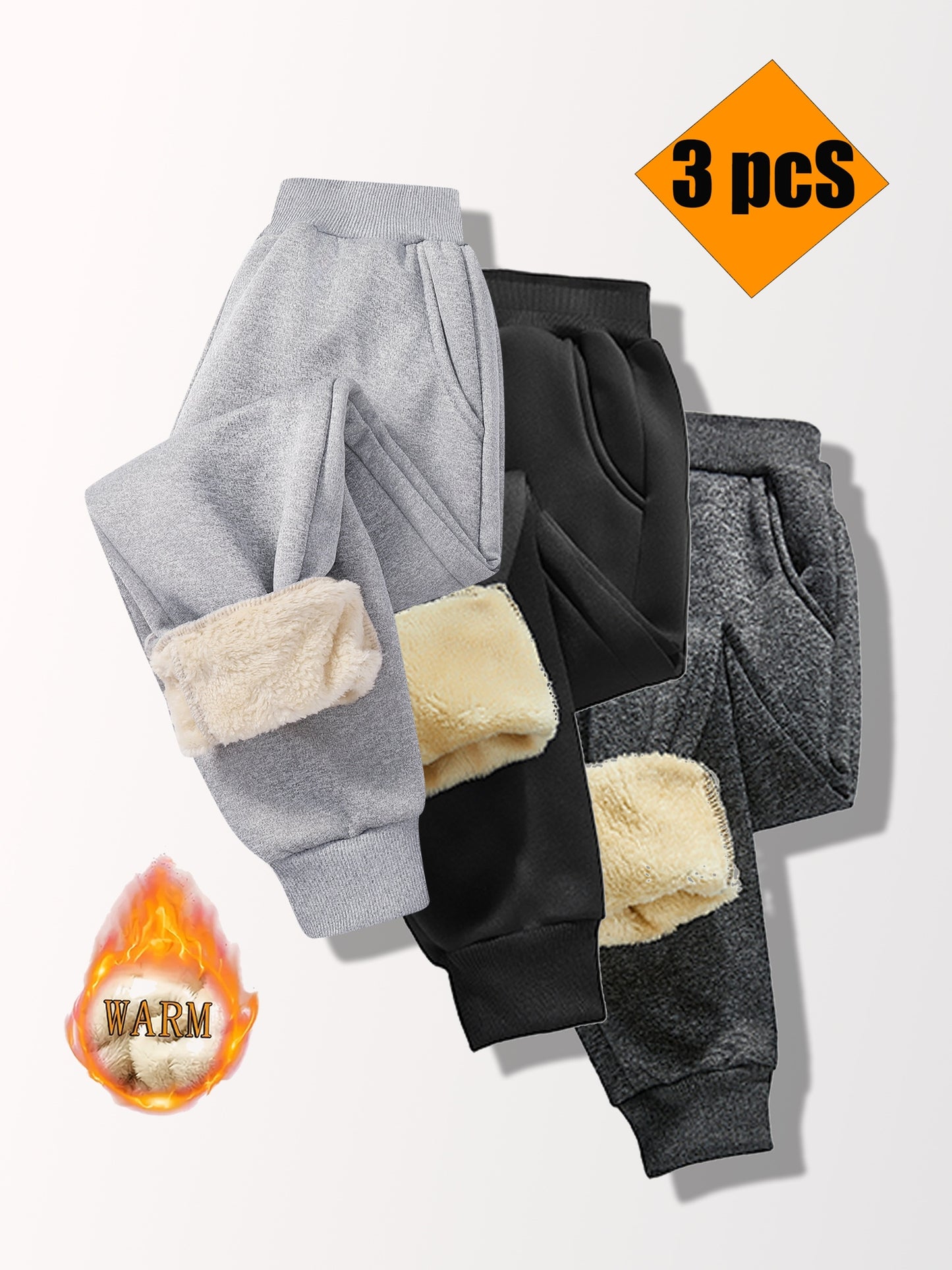3pcs Boys' Autumn & Winter Warm Fleece-Lined Thickened Pants - Stylish Casual Versatile Outdoor Kids' Clothing, Unisex Trousers with Elastic Waistband & Pockets, for Outdoor, Winter Pants For Boys, Winter Clothes For Boys