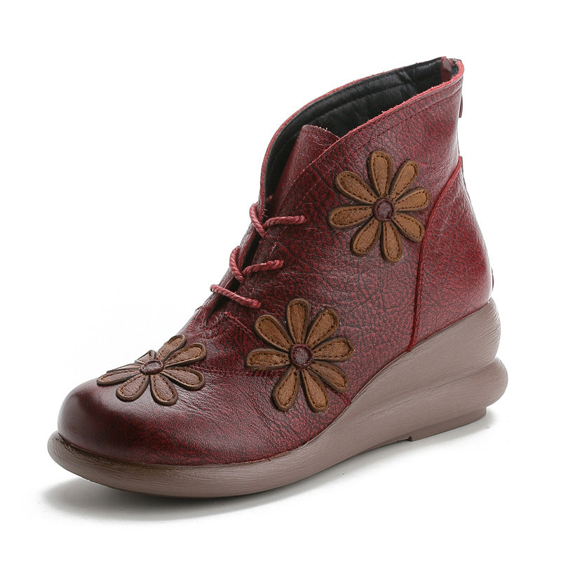 Women'S Genuine Leather Platform Ankle Boots with Floral Embellishment - Chunky Heel, Round Toe & Zipper Closure, Warm & Cushioned Insole, Casual to Semi-Formal Cowhide Boots for Everyday Comfort (Brown/Red) - Hand Washable R