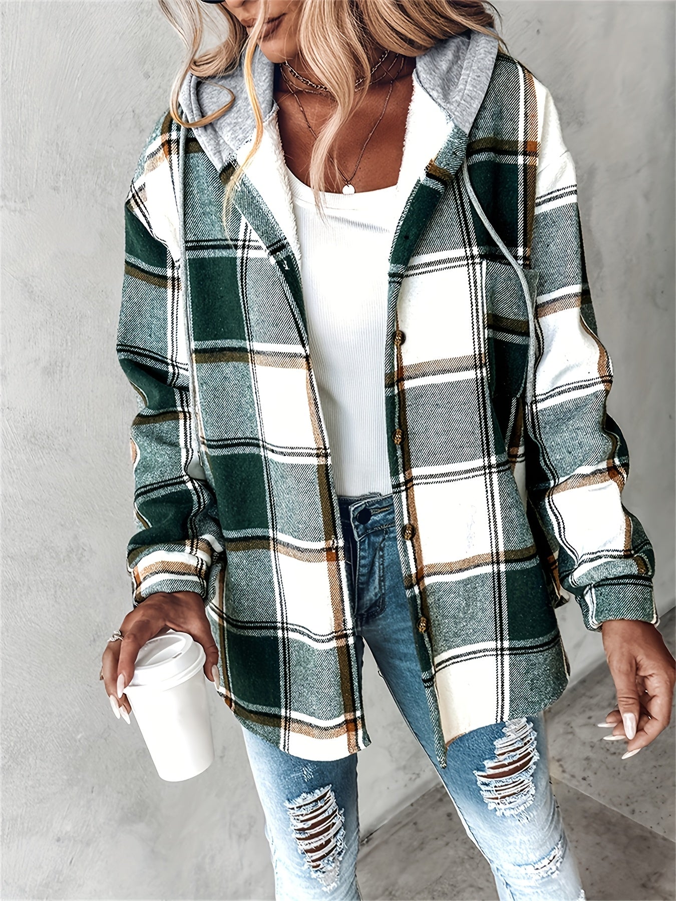 Women'S Oversized Checkered Jacket with Fleece Lining - Hooded Plaid Coat, Long Sleeve Casual Winter Spring Fall Outerwear, Brown/Black/Gray/Beige Tartan Pattern, Machine Washable Relaxed Fit Jacket for Everyday & Formal Outf