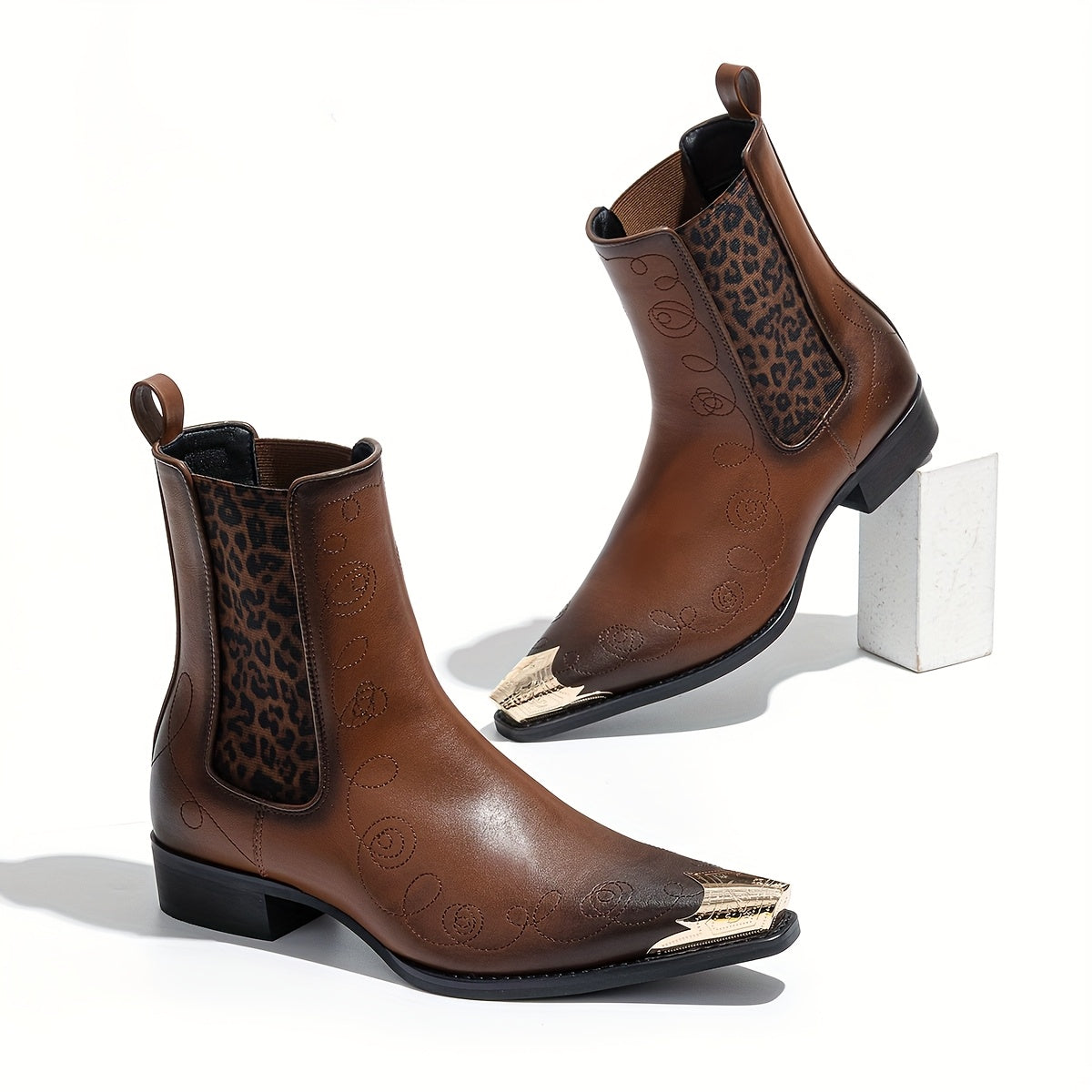 Men'S Fashion Iron-toe Chelsea Boots, Cowboy Boots, Western Boots, Ankle Boots. Low Heel, Faux Leopard Print, Elastic Band. Fashion Street, Party, Wedding, Business.