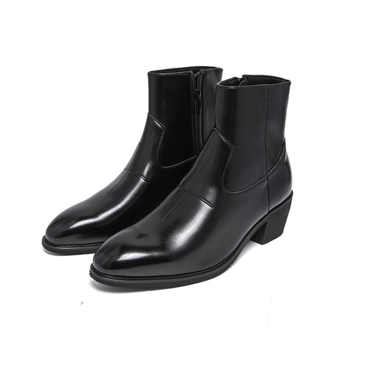 Men's Height-Increasing British Style Boots - Glossy Black Slip-Resistant Round Toe, Mid-Calf to Ankle Height Adjustable, All-Season Comfort for Weddings, Parties, Business & Casual - Versatile Dress Boots for Men, Casual Dre