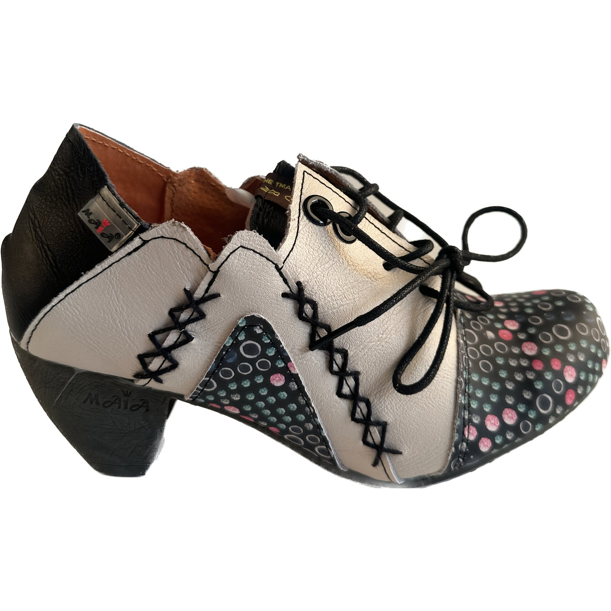 TMA EYES Women'S Handmade-Stitched Genuine Top-Grain Cover Ankle Boots - Spring Fashion Polka Dot Print (Pink/Black/White) with Non-Slip TPR Sole, Lace-Up Closure & Mid-Heel - Casual to Semi-Formal Versatile Booties for Every