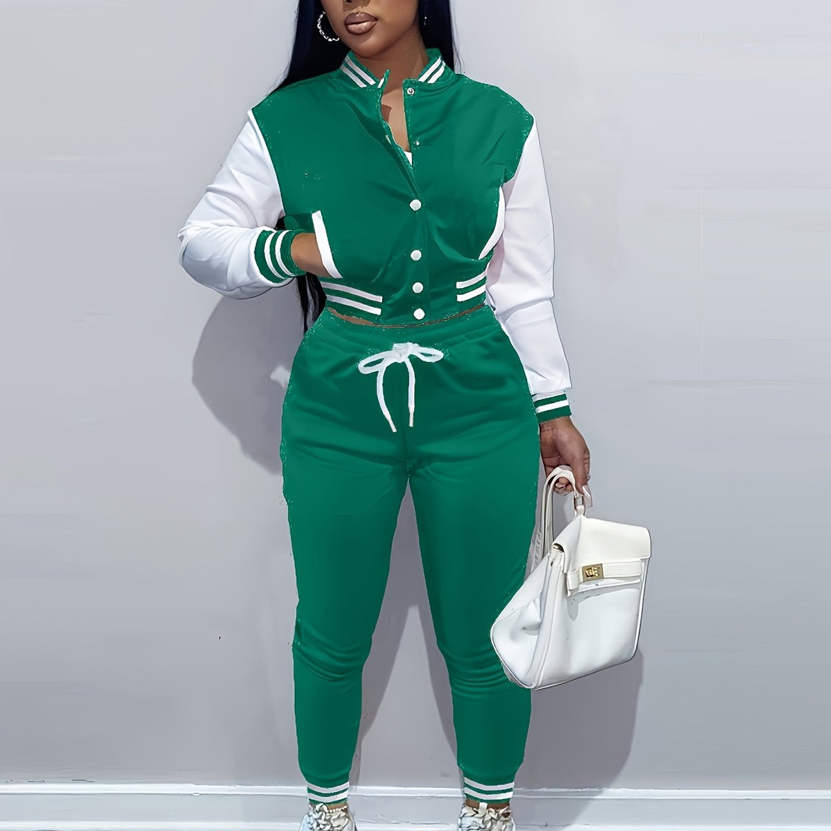 European And Trendy Women'S Patchwork Jacket with Single-Breasted Baseball Suit, a Two-Piece Outfit