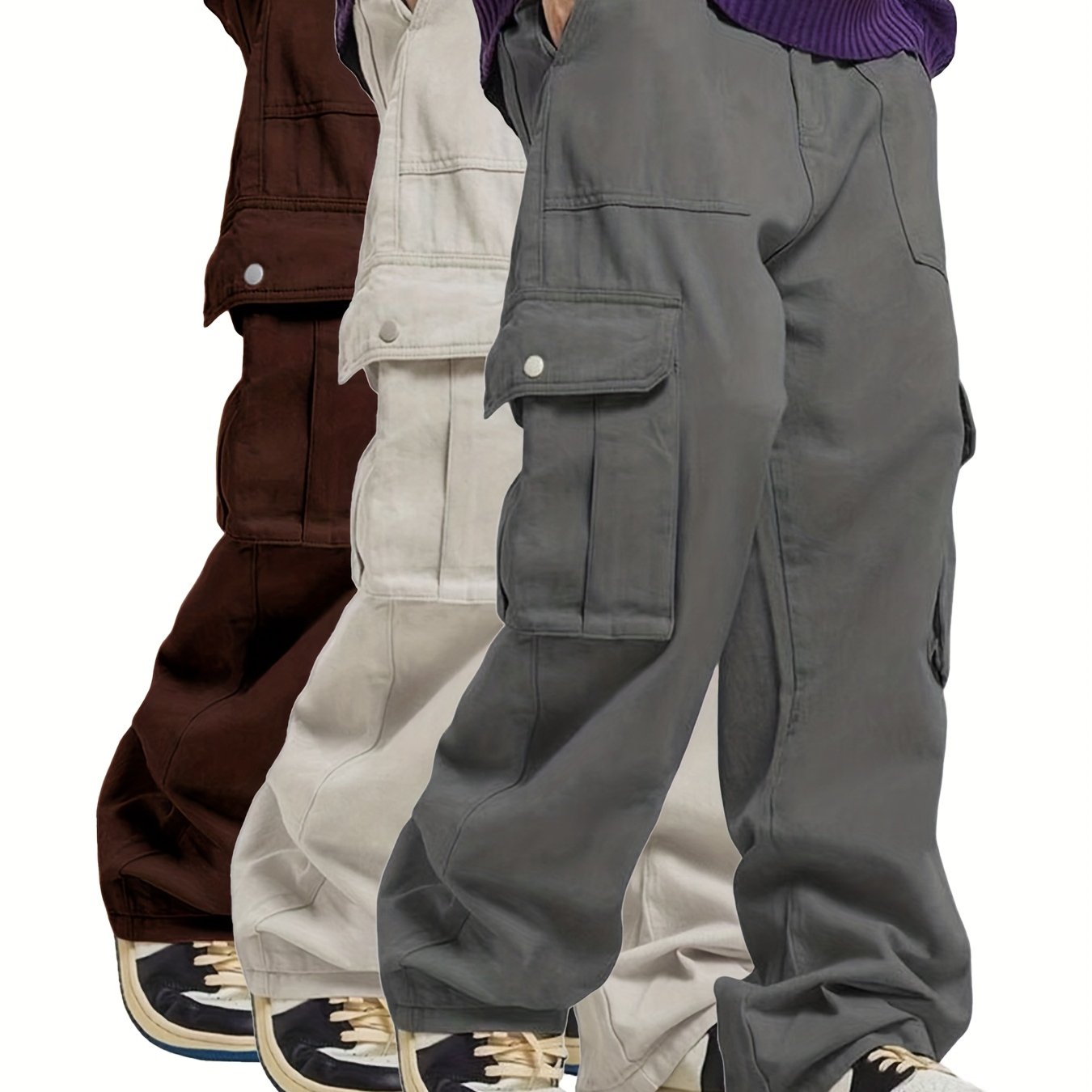 Men's casual multi-piece solid color fashionable multi-pocket cargo pants [Three-piece set]