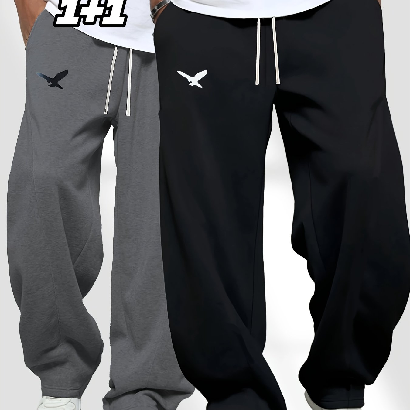 [Eagle Print | Sports Pants] 2pcs Men's Eagle Print Sports Pants | Casual, Adjustable Drawstring, Straight Leg, Trendy Gift for Father or Husband