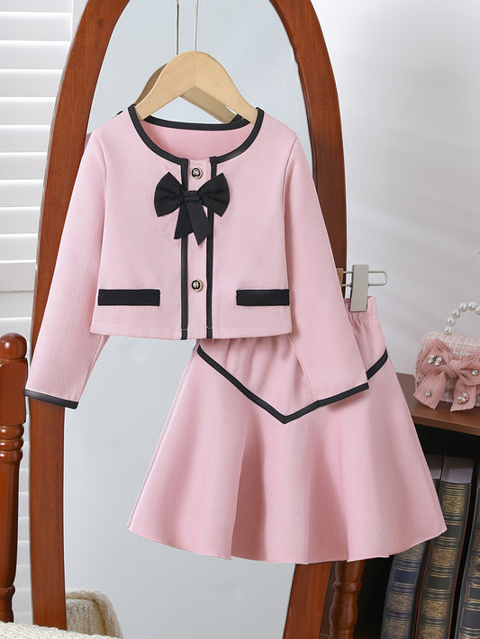Girl's Sweet and Elegant Two-Piece Set: Tweed Long-Sleeved Top, Rose Texture Buttons + Bow + A-Line Skirt, Suitable for Outdoor Parties and Special Occasions in Spring and Autumn