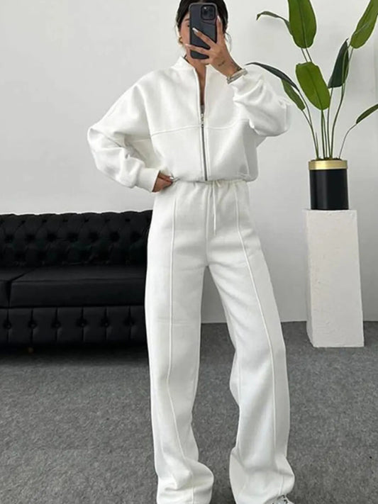 Women'S Full-Zip Athleisure Two-Piece Set - Oversized Long Sleeve Cardigan Jacket & Wide-Leg Pants, Full-Zip Front Closure, Soft Warm Fabric, Casual Streetwear Outfit for, Lounge & Casual Attire, Fall/Winter Clothing (Solid C