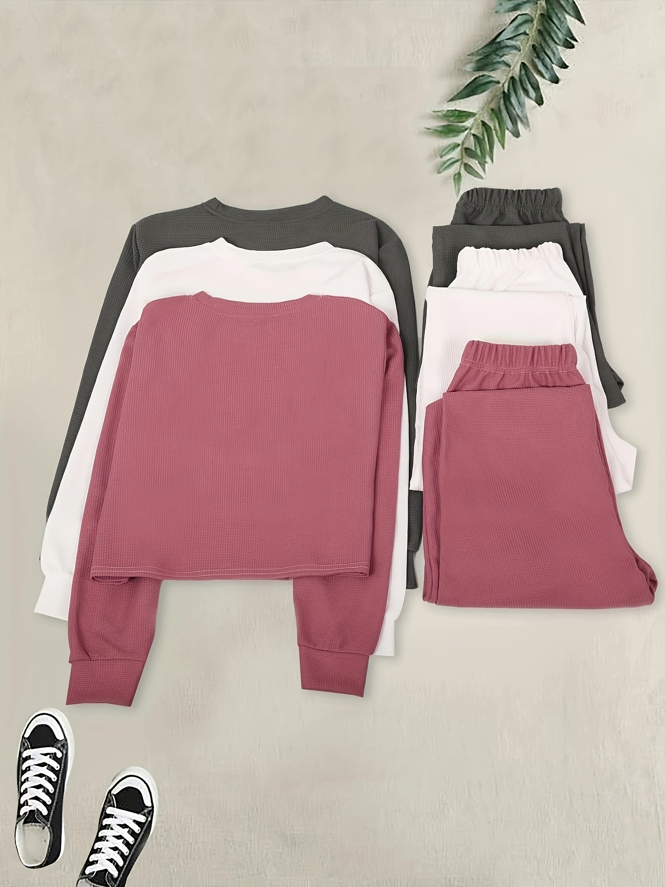 Three-Color Waffle Long-Sleeve And Long-Pants Crop Top Pajama Set for Women, Home Wear.