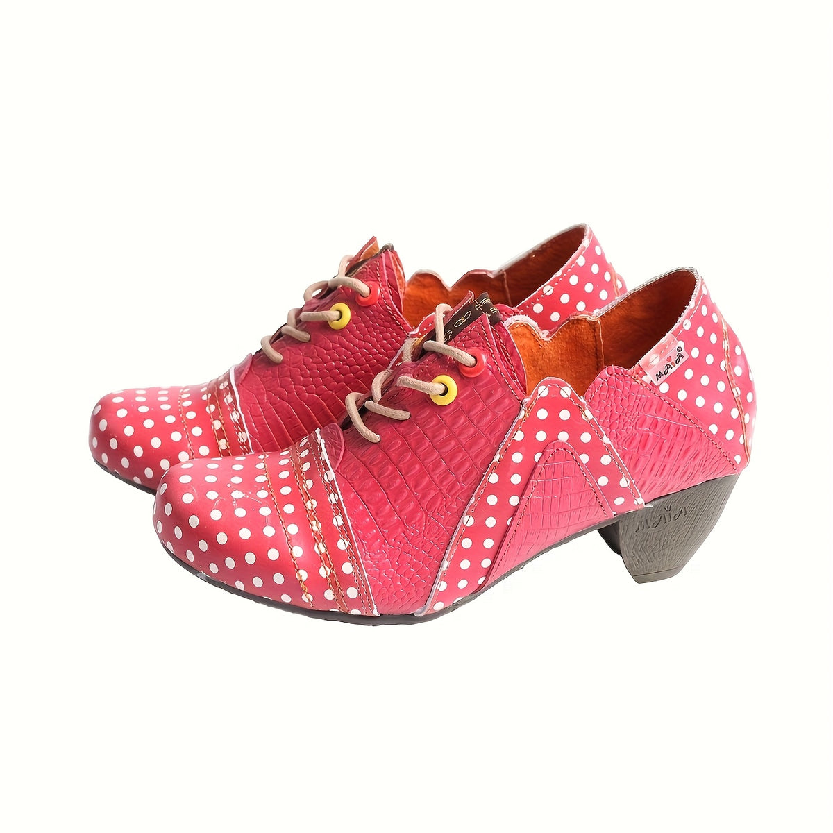 TMA EYES Women's Polka Dot Ankle Boots - Low Heel Lace-Up Anti-Slip Handmade Boots with Colorful Button Accents & Crocodile Texture, Second Layer Cover & TPR Sole, All-Season Versatile Casual to Dressy Footwear, Stylish Stree