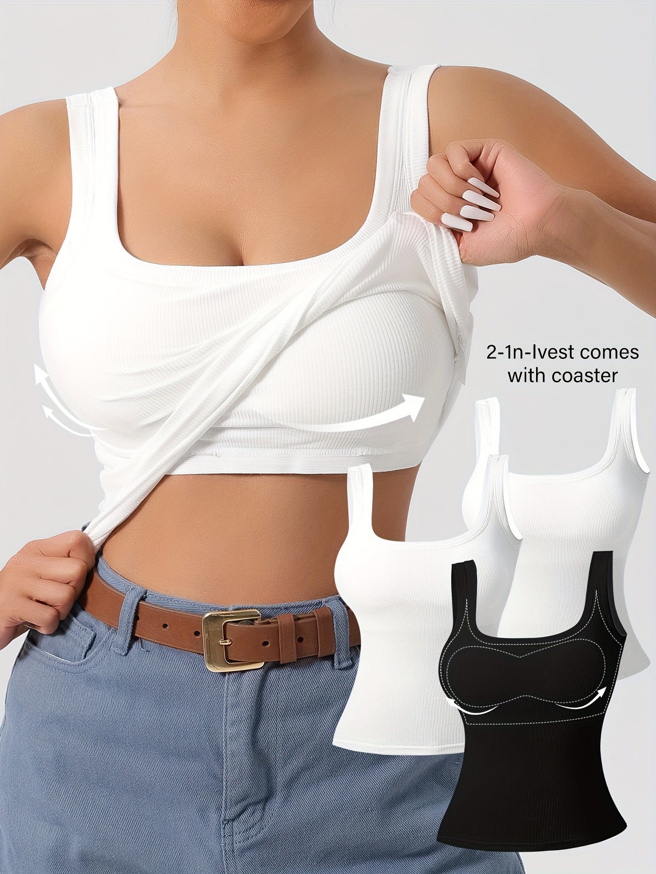 Women's 3Pcs U-Back Tank Tops With Removable Pads, Slim Fit Solid Color Versatile Inner & Outerwear Camisole Vest Set Casual Style