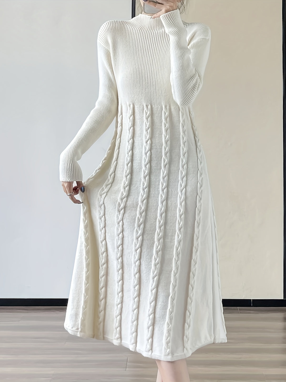 Women's Winter Dress - Boat Neck Long Sleeve A-Line Umbrella Hem Casual Chic Tunic, Soft Warm Fall Winter Outfits, Easy Care Hand Wash/Dry Clean, Ladies Winter Clothes, Textured Design, Durable Fabric