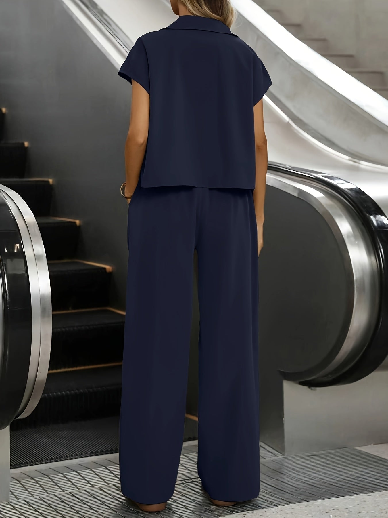 Women's Casual Solid Color Shirt and Pants 2pcs Set • Spring Summer 2pcs Set: Solid Color Button-Up Short Sleeve Top and Pocket Pants • Women's Casual Elegant Spring Summer 2pcs Outfit • Women's Outing and Date Wear •