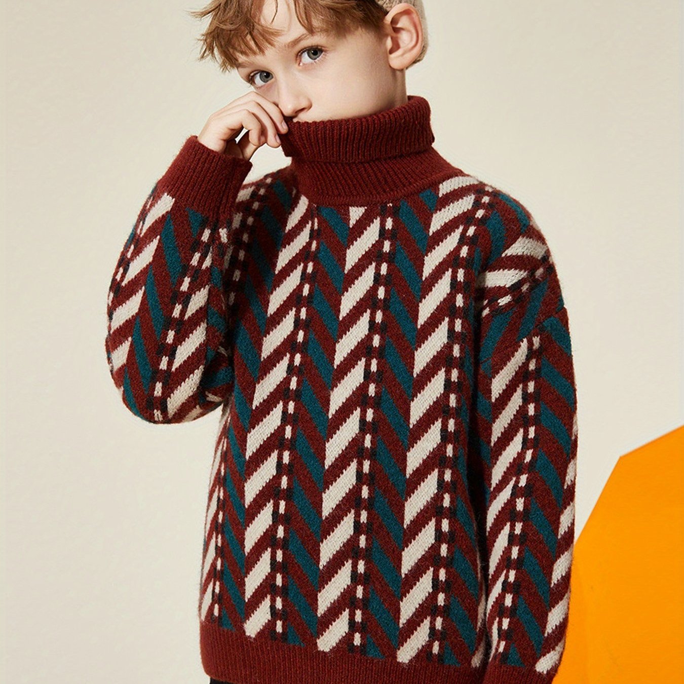 ASK JUNIOR Boys' Winter Warm Sweater - Thickened Knit Sweater with Color Block Design, Long Sleeve Round Neck Pullover for Boys, Cozy Winter Sweater for School, And Casual Wear, Winter Sweater, School Outfit, Classic Knitwear