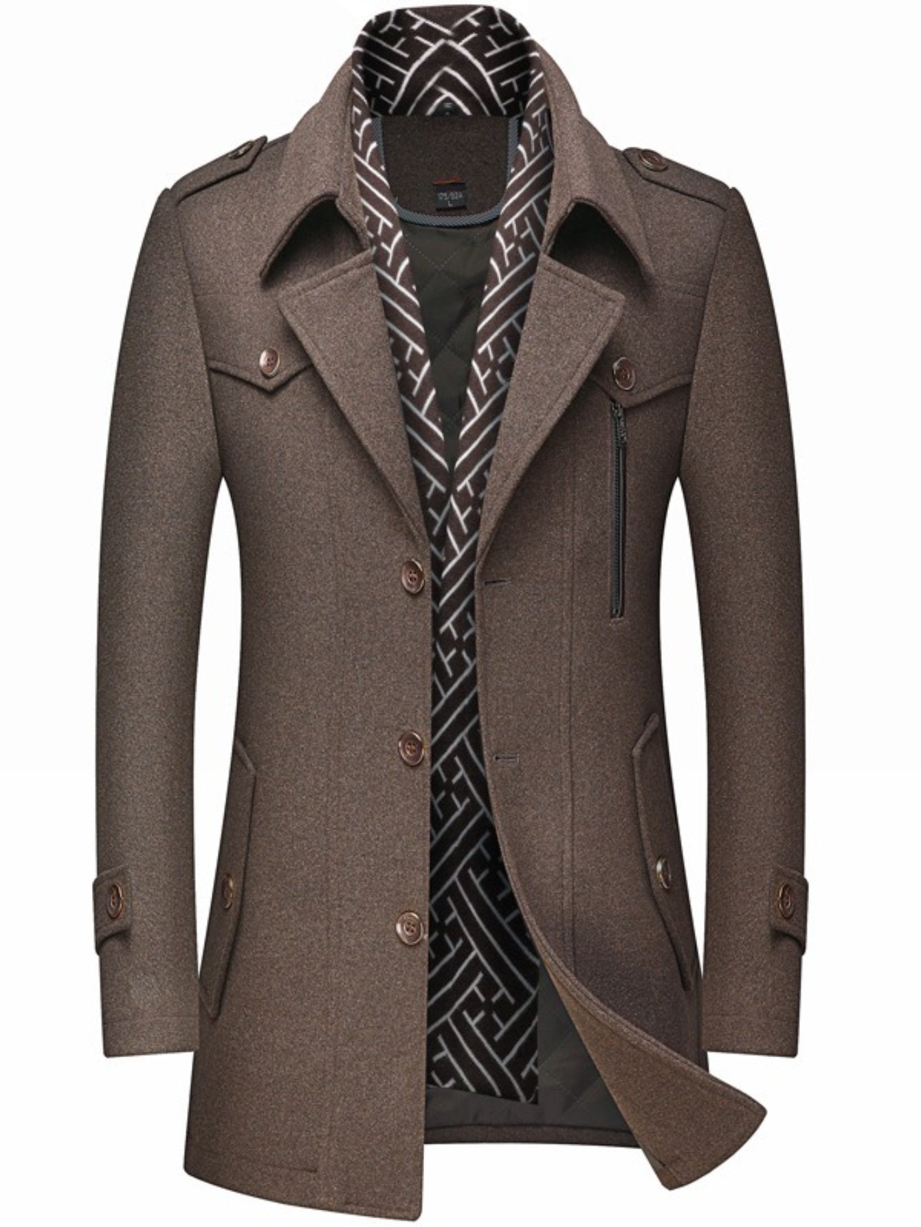 ARTPAGE Men'S Winter Warm Tweed Trench Coat with Scarf Collar - & Golden-Tone Button Front Closure, Structured Lapel Collar & Chest Pocket