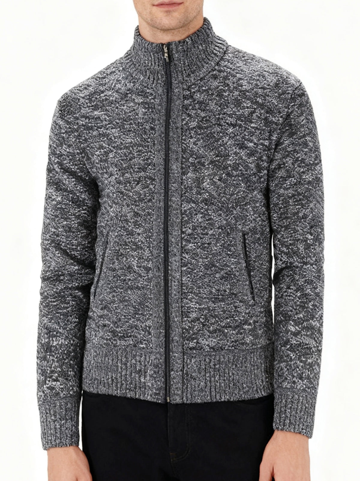 3pcs Set Men'S Fleece-Lined Knit Jacket with Polar Fleece Lining, Golf Collar & Zippered Front - Slim Stand Collar, Warm Winter & Autumn Coat, Casual to Semi-Formal Outerwear in /Dark Grey/Navy - Versatile Layering for Office