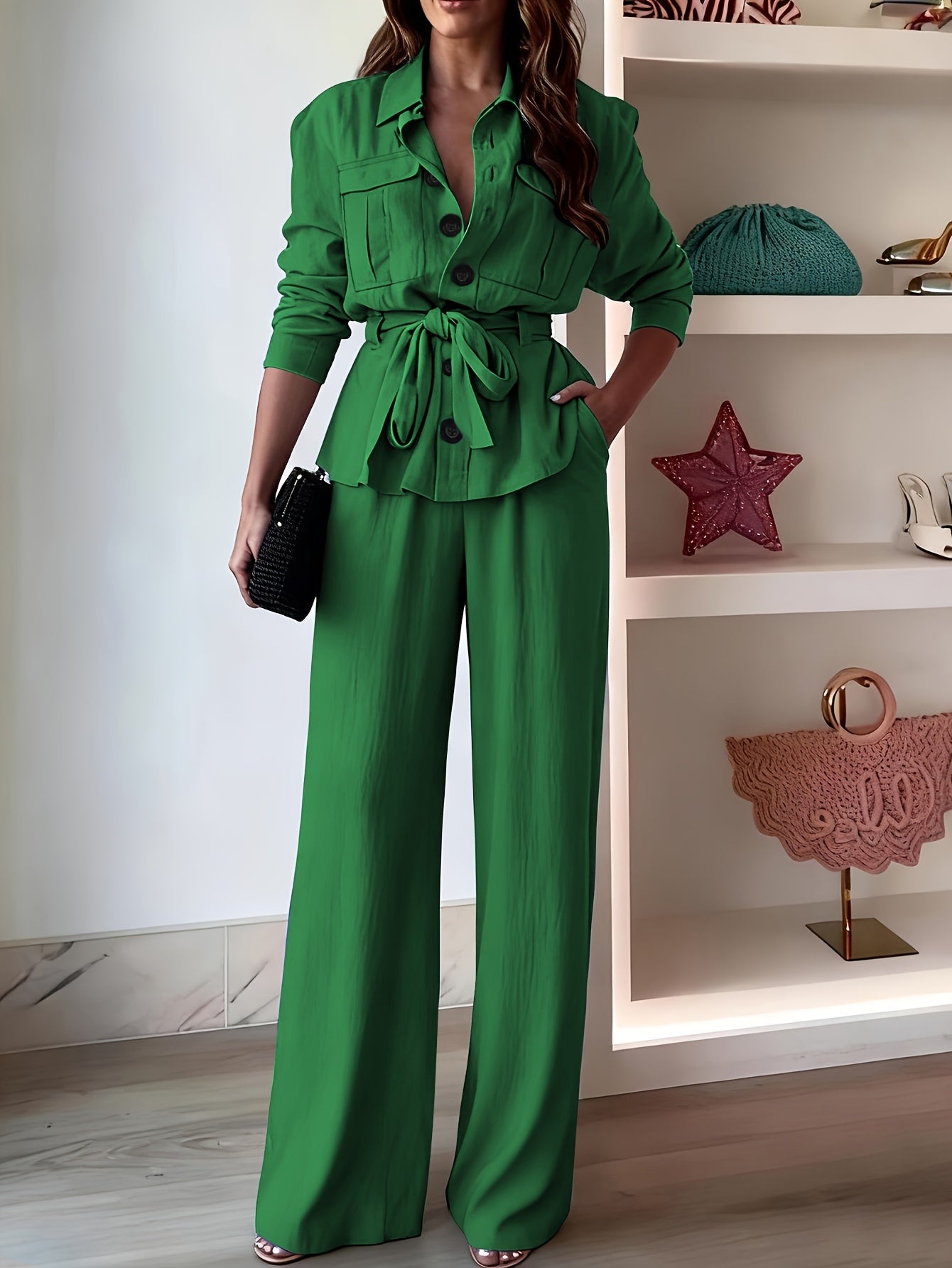 [Two-Piece Set] Casual Two-Piece Set Featuring a Collared Long-Sleeve Shirt with Buttons And Wide-Leg Solid Color Pants