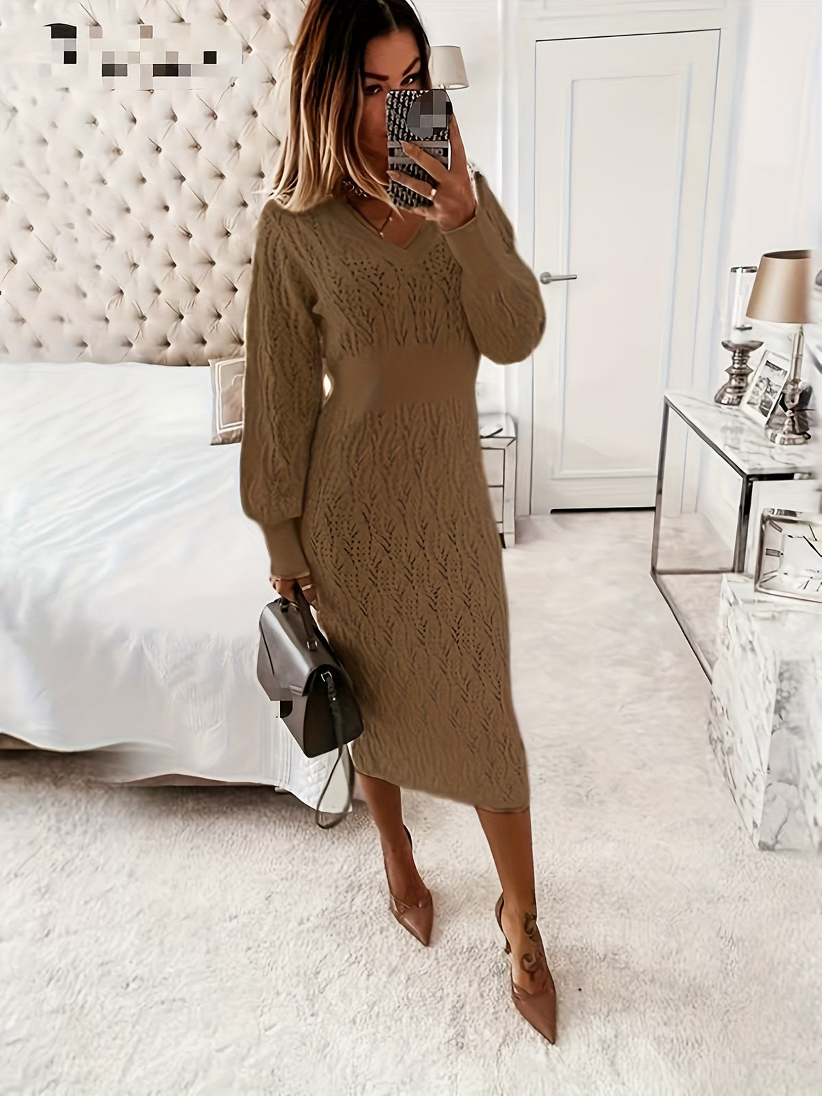 Women'S Elegant V-Neck Dress with Cut-Out Detail - Long Sleeve, Mid-Length, Solid Brown, Perfect for Fall & Winter, Stylish for Shopping or Festive Occasions, Festive Attire | Vneck Dress | Construction, Cute Dresses
