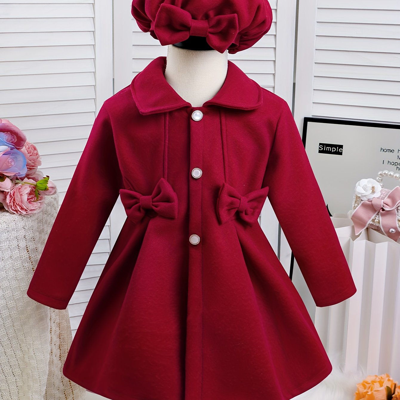 Girls' Autumn-Winter Fashion Bow Tie Coat with Lapel, Solid Color Open Front Fleece Overcoat & Hat Decorated by Bows