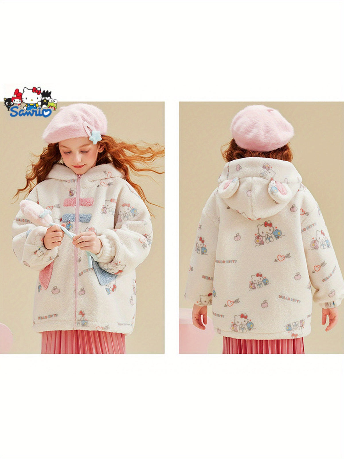 [Officially Licensed] Sanrio Girls' Winter Coat Thickened Girls' Fashionable Stylish Children's Clothing Loose Thickened Hooded with 3D  Ears Design Excellent Warmth in Winter Beautiful and Elegant Delicate and Soft Fabric Ve