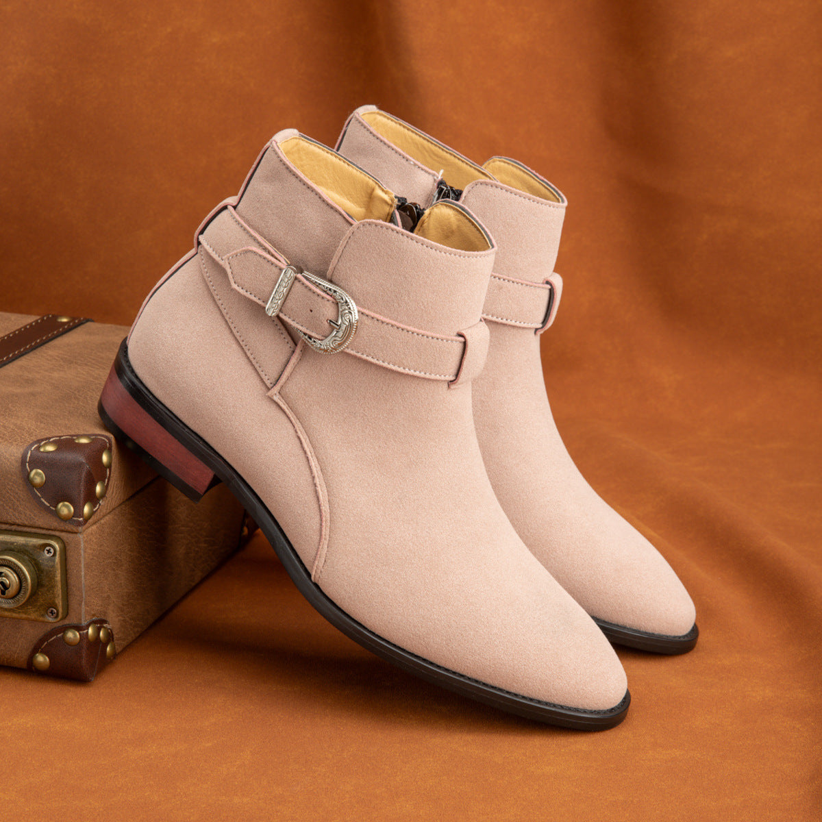 Women's Slip-On Buckle Ankle Boots - Round Toe Mid-Calf Boots with Metallic Buckle Closure, All-Season Comfort for Weddings, Parties & British Style, Beige & Pink