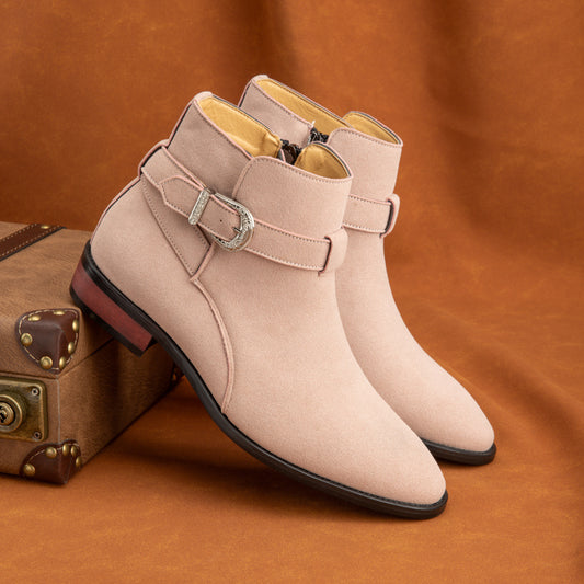 Women's Slip-On Buckle Ankle Boots - Round Toe Mid-Calf Boots with Metallic Buckle Closure, All-Season Comfort for Weddings, Parties & British Style, Beige & Pink