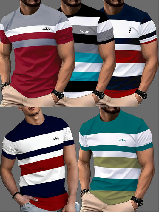 Set of 5 • Stylish 3D Digital Print • Striped Men's T-Shirts