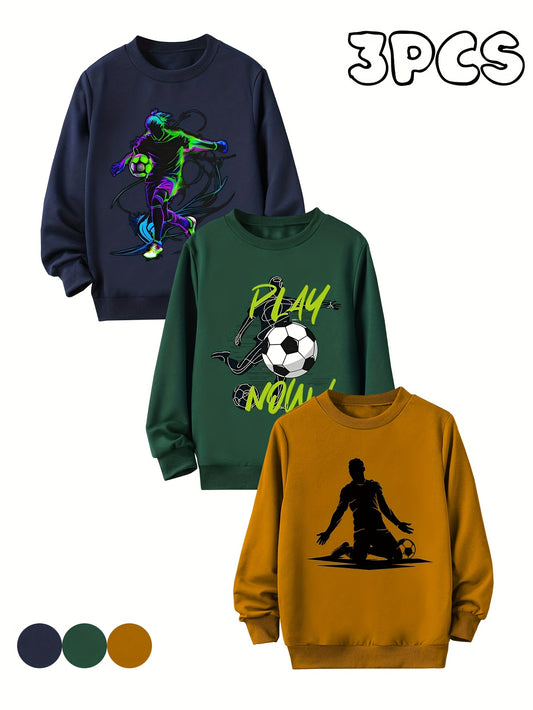 [Soccer Silhouette Combo] 3pcs Boys' Soccer Silhouette Combo Sweatshirt | Spring/Autumn Long Sleeve Crew Neck Print