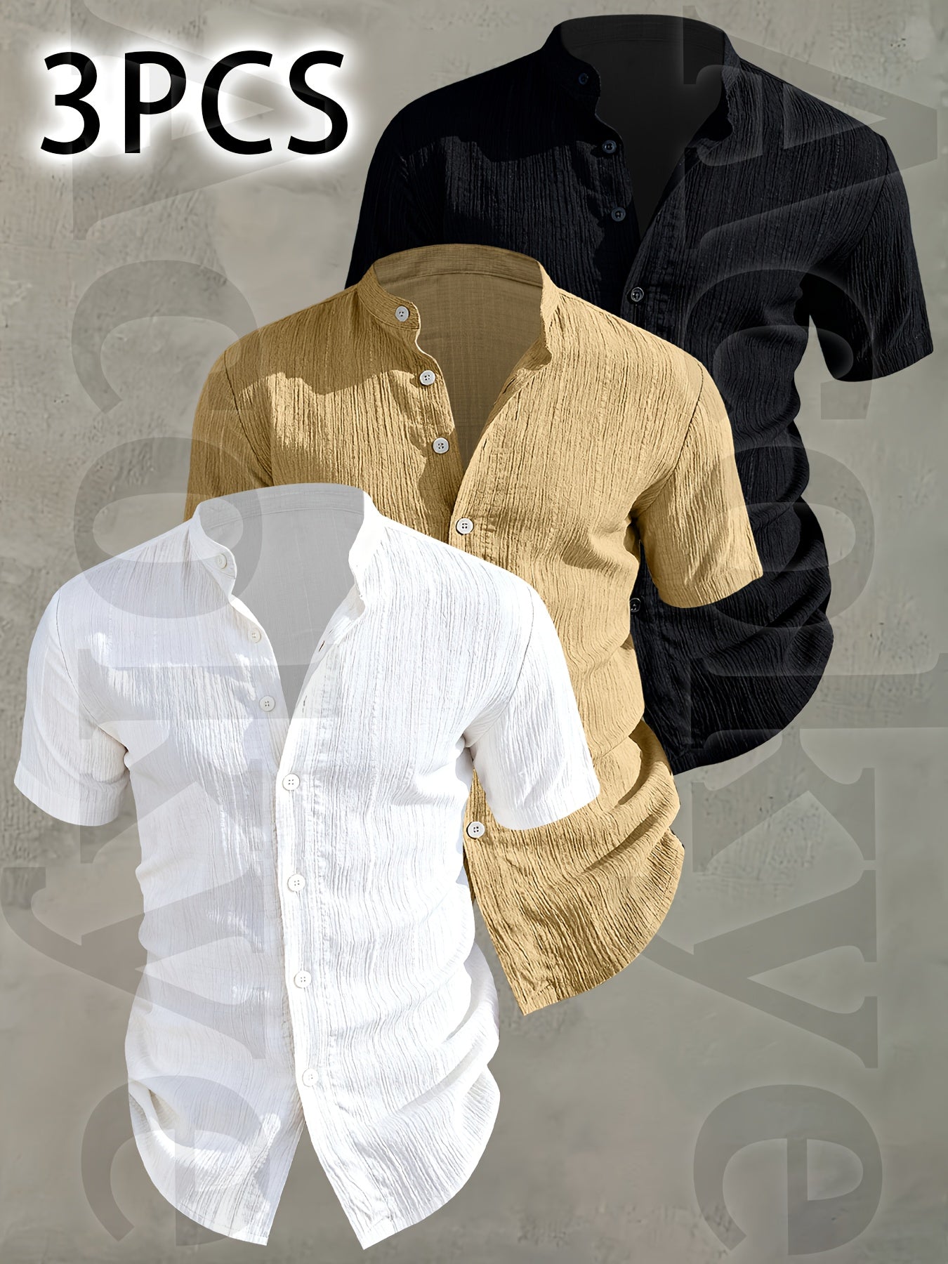 3pcs Set Men's Summer Short Sleeve Shirts • Lightweight Breathable Solid Color Button Casual Shirts with Stand Collar • Ideal for Beach Vacations, Pool Parties, and Daily Wear