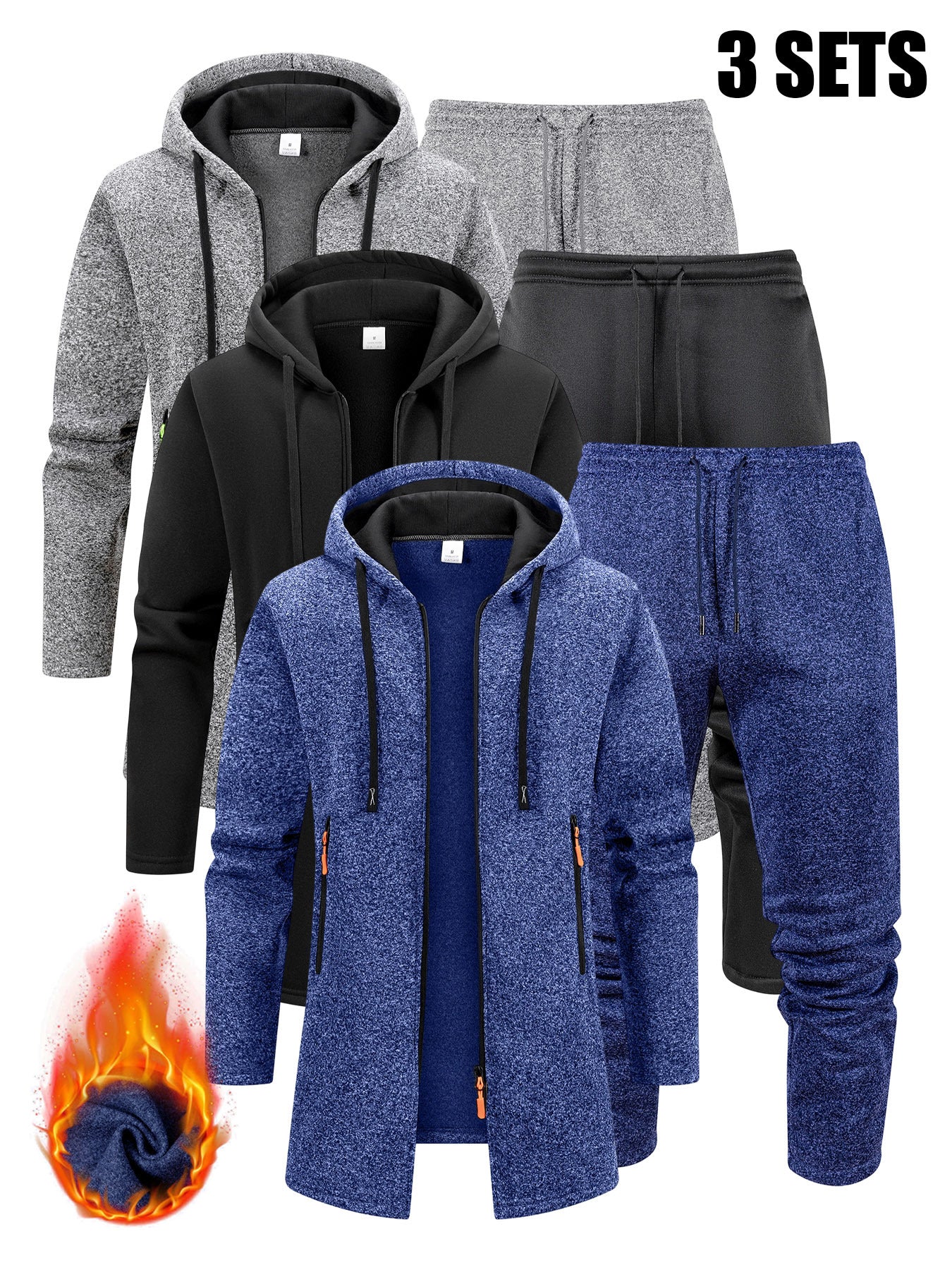 Three Interchangeable Korean-Style Casual Outfits for Men • Trendy Colors That Exude Sophistication • Comfortable And Warm Set Includes a Hooded Fleece Jacket • Drawstring Pants That Have Pockets