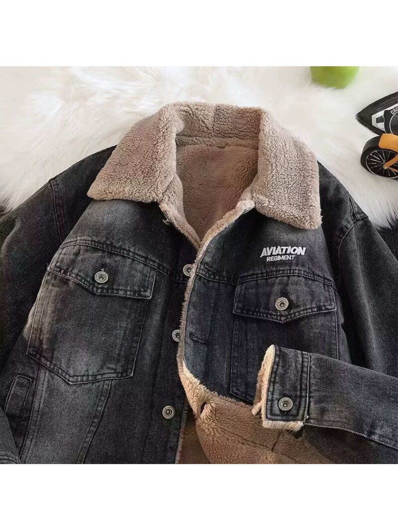 Men's Winter Heavy-Denim Jacket with Lapel Collar & Windproof Pockets - Thickened, Retro - Denim Coat for Cold Weather, Machine Washable Outerwear