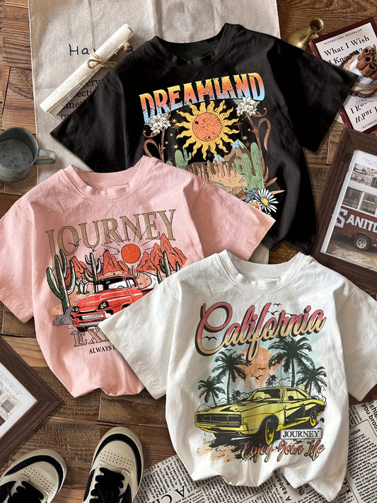 [Vintage | Cartoon Print] 3pcs Vintage Cartoon Print T-Shirts | Casual Minimalist for Girls | American Outdoor Landscape Classic Summer